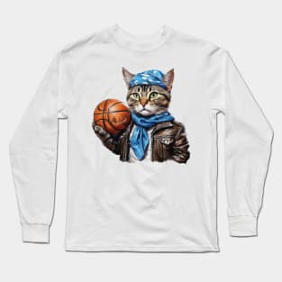 street cat wearing a leather jacket and bandana holding a basketball Long Sleeve T-Shirt